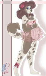 anklet anthro bottomless breasts canine chemise curly_tail female fur furry grin hair headband lingerie necklace nipples pearls pregnant solo sparkle_demon spotted standing tail translucent tummy_grab