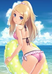 1girls ass bikini blonde_hair blue_eyes blush breasts cloud cloudy_sky female female_only gradient_background human human_only innertube long_hair looking_at_viewer medium_breasts n.g. nintendo open_mouth outdoors payot pink_bikini pokemon pokemon_xy ponytail scrunchie serena_(pokemon) serena_(pokemon_games) sky solo sparkle string_bikini swimsuit tied_hair water wet