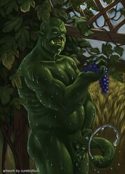 1boy balls cum cureboltium fangs fruit grapes hose male male_only masturbation nude orc orc_male penis piercing pointy_ears solo solo_male sweat uncut vineyard