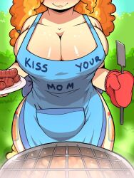 1girls anthro apron big_breasts breasts cleavage female female_only friendship_is_magic ginger hotdog huge_breasts large_breasts milf my_little_pony naked_apron orange_hair pear_butter_(mlp) smile solo_female spatula