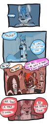 2016 anthro canid cobalt_(tatsuchan18) collar comic daisy_(tatsuchan18) detailed_background dialogue english_text female fenrir_(tatsuchan18) fur group hair havoc_(tatsuchan18) hi_res hyaenid lagomorph leporid male mammal mink_(tatsuchan18) open_mouth rabbit speech_bubble standing tatsuchan18 text