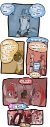 2016 animal_genitalia anthro balls biped canid cobalt_(tatsuchan18) collar comic daisy_(tatsuchan18) detailed_background dialogue english_text female fenrir_(tatsuchan18) fur genitals group hair havoc_(tatsuchan18) hi_res hyaenid lagomorph leporid male mammal mink_(tatsuchan18) open_mouth rabbit sheath sitting speech_bubble standing tatsuchan18 text