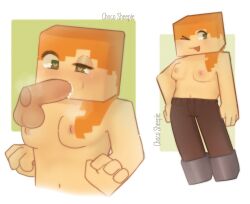 1boy 1girls 2d alex_(minecraft) bare_arms bare_shoulders boots breasts choco_sheepie cube_head cubic_body cum cum_in_mouth drawing drawn erect_nipples erect_penis fellatio female green_eyes hair_covering_breasts half-dressed horny_female human humanoid humanoid_penis looking_at_penis minecraft naked oral orange_hair outside pants shoes small_breasts smile square_head steve_(minecraft) tagme topless