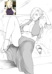 1girls bare_legs bare_thighs big_breasts blush breasts chubby cleavage crop_top dress drunk hair_over_one_eye heels high_heels ino_yamanaka jnsdh long_skirt lying lying_on_back monochrome naked_footwear naruto naruto:_the_last naruto_(series) naruto_shippuden open_clothes playing_with_hair reclining shirt sitting sitting_on_couch sleeveless sleeveless_shirt slightly_chubby solo solo_focus spread_legs underwear voluptuous