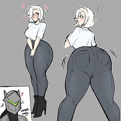 1girls ass blue_eyes bluueygooey boots breasts denim denim_bottomwear denim_clothing denim_jeans female female_focus genji high-waist_pants high_heel_boots high_heels huge_ass jeans large_breasts medium_hair mercy overwatch pants shirt shy solo_focus white_hair