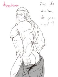 1boy aizenhower ass ass_cleavage avatar_legends bara blank_background butt butt_crack chin_beard english_text male male_focus male_only muscular_male no_color signature sketch smile smooth_skin solo solo_male source_request text the_legend_of_korra tonraq veiny_arms veiny_muscles water_tribe white_hair