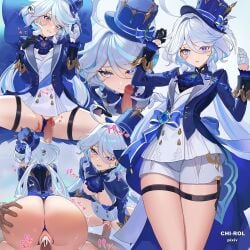 1boy 1girls ascot ass ass_grab back blue_eyes blue_hair blue_headwear blue_jacket blush breasts brooch chi-rol clenched_teeth clothed_sex cowgirl_position cowlick cum cum_in_pussy erection fat_ass female furina_(genshin_impact) genshin_impact gloves hat heart_pasties highres jacket jewelry light_blue_hair long_hair long_sleeves looking_at_viewer looking_back low_twintails medium_breasts multicolored_hair open_clothes open_jacket open_mouth pasties penis pussy sash sex shirt short_shorts shorts small_breasts smile spread_legs straddling straight streaked_hair swept_bangs teeth textless_version thigh_strap thighs top_hat twintails vaginal_penetration white_hair white_shirt white_shorts