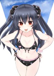 1girls bikini black_bikini black_hair breasts cute female female_only hands_on_hips leaning_forward legs looking_at_viewer navel neptunia_(series) pose red_eyes small_breasts smile solo swimsuit thighs tongue tongue_out twintails uni_(neptunia)