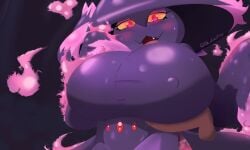 <3_eyes anthro big_breasts breasts clothed clothing desesperadoleon erect_nipples fangs female generation_4_pokemon genitals ghost hat humanoid male male/female mismagius nipples open_mouth paizuri penile penis penis_on_underboob penis_under_breasts pokemon pokemon_(species) precum_drip red_eyes titjob tongue top_hat