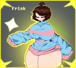 1girls beambobblox big_breasts breasts_bigger_than_head brown_hair closed_eyes female female_only frisk hourglass_figure huge_breasts thick_thighs undertale undertale_(series)