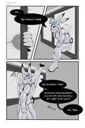 anthro blue_hair bulge clothing comic dialogue goo_creature hair hi_res lagomorph leporid living_clothing male mammal nacre_(taitang_tai3) rabbit solo speech_bubble superhero symbiote taitang_(character) taitang_tai3 text through_window tight_clothing white_body window