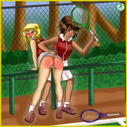 2girls ankle_socks anklehighs blonde blush brunette chainlink_fence cm_zero embarrassed humiliation left_handed lost_bet multiple_girls one_eye_closed open_mouth red_ass skirt_lift smirk socks spanking tennis tennis_court tennis_racket trees wedgie wedgie_spanking white_panties white_socks