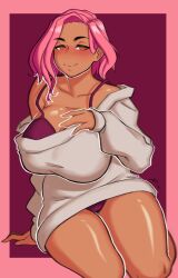 1girls big_breasts blush clothing dark-skinned_female dark_skin female female_only hi_res looking_at_viewer medium_hair narrowed_eyes pink_(ohasi) pink_hair red_eyes rixsama smiling smiling_at_viewer solo thick_thighs