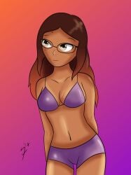 1girls aged_up alya_cesaire bikini brown_hair dark-skinned_female deviantart female female_only gavote glasses medium_breasts miraculous_ladybug mole mole_above_eye purple_bikini solo tagme yellow_eyes