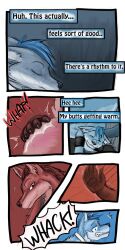 1:2 2016 9:18 anthro biped canid closed_eyes cobalt_(tatsuchan18) collar comic duo english_text fenrir_(tatsuchan18) fur hair hi_res male mammal onomatopoeia sitting smile sound_effects spanking tatsuchan18 text text_box