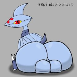 1:1 2020 ass axoarts backsack balls big_balls big_butt butt_focus fan_character feral generation_2_pokemon genitals grey_background grey_body huge_butt le_skarmory_(character) looking_at_viewer looking_back looking_back_at_viewer male male_only nintendo nude pokemon pokemon_(species) quadruped red_eyes simple_background sitting skarmory solo spindapixelart video_games yellow_sclera