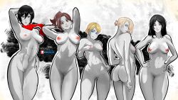 5girls annie_leonhardt armpits arms_behind_back arms_up ass attack_on_titan big_breasts black_hair blonde_hair breasts brown_hair closed_mouth female female_only historia_reiss mikasa_ackerman multiple_girls naked naked_female nemesis179 nipples nude nude_female pieck_finger pussy sasha_braus shingeki_no_kyojin