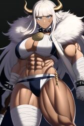 ai_generated bandages bikini danganronpa danganronpa:_trigger_happy_havoc fur_coat large_breasts muscular_female nai_diffusion oogami_sakura ripped spiked_bracelet spiked_collar stable_diffusion strong tagme