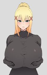 1girls ahemaru alternate_breast_size big_breasts blonde_hair blue_eyes blush bodystocking bodysuit breasts clothed clothes clothing covering_breasts darkness_(konosuba) female female_only hands_on_breasts huge_breasts human human_only kono_subarashii_sekai_ni_shukufuku_wo! large_breasts looking_at_viewer ponytail solo solo_female tits top_heavy