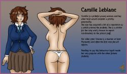 1girls 2021 arms_behind_head arms_up ass back backboob bare_ass big_breasts blue_clothing border brat breasts brown_clothing brown_eyes brown_hair camille_leblanc character_name character_sheet clothed clothed_female clothing cm_zero commentary dated english_text eyebrows eyebrows_visible_through_hair eyelashes eyelashes_visible_through_hair eyes female female_only front_and_back front_view fully_clothed hair hand_on_hip hands_behind_head human human_only light-skinned_female light_skin long_sleeves looking_at_viewer medium_hair miniskirt multiple_views necktie neckwear nudity open_eyes original original_character panties partially_clothed pleated_skirt pose preppy profile rear_view school_uniform schoolgirl shiny_hair shiny_skin shirt short_hair signature skirt sleeves snitch solo spankable standing story story_in_picture student text thick_thighs topless topless_female underwear uniform watermark white_panties white_thong white_underwear