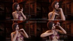 1girls 3d 3d_(artwork) ada_wong ada_wong_(adriana) alternate_version_available asian_female black_hair darklulbird erect_nipples erect_nipples_under_clothes female jojo_reference looking_at_viewer resident_evil resident_evil_2 resident_evil_2_remake short_hair swimsuit tagme text