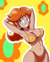 1girls armpits arms_behind_head big_breasts bikini blue_eyes blush breasts brown_hair busty child_bearing_hips cleavage covered_erect_nipples curvy earrings female female_only grin highres jewelry large_breasts legs long_hair mario_(series) navel nintendo parody pose posing princess_daisy robveemo sensual smile solo swimsuit thick_thighs thighs thong_bikini voluptuous