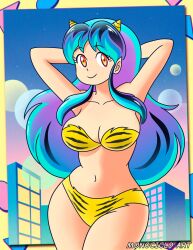 1girls 2d 2d_(artwork) animal_print armpits arms_behind_head artist_name bare_arms bare_legs bare_midriff bare_shoulders bare_thighs belly belly_button big_breasts bikini blue_hair border breasts busty city cleavage closed_eye closed_mouth color colored ears elf_ears eyebrows_visible_through_hair eyelashes eyes eyes_open female female_focus female_only hi_res high_resolution highres horns hourglass_figure humanoid landscape large_breasts legs legs_together light-skinned_female light_skin long_hair looking_at_viewer lum monociclo_art mouth_closed multicolored_hair navel night night_city night_sky open_eyes orange_eyes pantiesbra pose posing small_horns smile smiling smiling_at_viewer solo solo_female solo_focus standing swimsuit thighs thighs_together tiger_print tiger_print_bikini underwear urusei_yatsura watermark white_sclera yellow_bra yellow_panties yellow_underwear