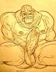 balls bara big_balls big_penis boner erection gay male male_only marvel monochrome muscles muscular penis purple_body purple_skin solo solo_male spread_legs staticlustdemons thanos wuffinarts