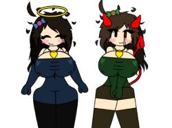 2d 2girls angel big_breasts bowtie chara cleavage closed_eyes clothed demon devil_tail erect_nipples female female_only frisk halo horns locket long_hair long_hair_female multiple_girls tail thick_thighs undertale undertale_(series)