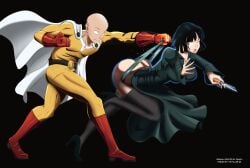 1boy1girl big_ass big_breasts defeated_heroine dress_lift fubuki_(one-punch_man) green_eyes green_panties heroine high_heels juhuca knife left_handed looking_back one-punch_man one_eye_closed open_mouth prank saitama simple_background stockings stoic superhero surprised the_killer_wc wedgie