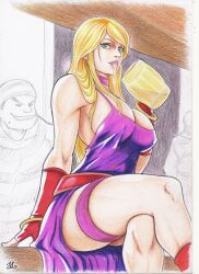 1girls alcohol arm_support artist_request beer big_breasts blonde_hair bonne_jenet breasts bursting_breasts busty cleavage crossed_legs dress fatal_fury female fingerless_gloves garou:_mark_of_the_wolves gloves green_eyes king_of_fighters large_breasts legs lipstick looking_at_viewer makeup parted_lips pink_lips sideboob sitting smile snk source_request thick_thighs thighs traditional_media voluptuous