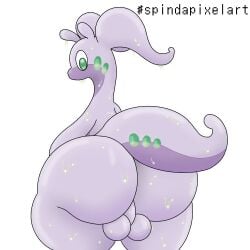 1:1 2021 anthro ass axoarts backsack balls biped generation_6_pokemon genitals goodra green_eyes looking_at_viewer looking_back looking_back_at_viewer male multicolored_body nintendo nude pokemon pokemon_(species) purple_body rear_view simple_background slime solo spindapixelart standing thick_thighs two_tone_body video_games white_background