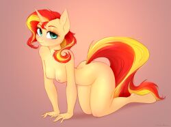 all_fours anthro anthrofied breasts cyan_eyes equestria_girls equid equine female female_only fluffy_ears fluffy_tail friendship_is_magic furry furry_only looking_at_viewer my_little_pony nipples nude nude_female red_hair seductive seductive_look small_breasts smile solo solo_female sunset_shimmer tail two_tone_hair unicorn unicorn_horn vincher