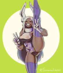 1girls animal_ears bunny_ears dark-skinned_female female female_only gloves miruko muscular_female my_hero_academia rumi_usagiyama see-through_clothing sinnamonlatte white_hair