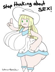 1girls artist_name azurestar blonde_hair breasts bubble_butt butt dress english_text green_eyes hat huge_ass huge_breasts lillie_(pokemon) meme nintendo pale_skin pokemon pokemon_sm ponytail simple_background solo stop_thinking_about_sex text twitter_username white_background