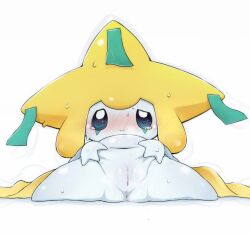 anthro anus blue_eyes blush bodily_fluids female generation_3_pokemon genitals humanoid jirachi kimubota legendary_pokemon looking_at_viewer nintendo pokemon pokemon_(species) pussy simple_background solo spread_legs spreading tears video_games white_background white_body