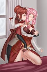 2girls anna_(fire_emblem) anna_(fire_emblem_fates) assertive assertive_female bangs bare_legs bare_thighs bed black_sleeves blunt_bangs blush bra breasts breasts_out capelet cleavage closed_eyes commentary_request elbow_gloves female female_only fingering fingering_partner fingerless_gloves fire_emblem fire_emblem_fates floral_print gloves groping hair_tubes highres indoors japanese_clothes kiss kissing kissing_cheek kissing_neck large_breasts legs lingerie long_hair low_twintails medium_hair mitama_(fire_emblem) mixed-language_commentary multiple_girls nintendo one_eye_closed one_knee open_clothes open_mouth paid_reward_available panties pink_hair ponytail red_bra red_capelet red_hair red_panties rose_print sex short_hair star-shaped_pupils star_(symbol) symbol-shaped_pupils thighs twintails underwear undressed undressing_another undressing_partner vodka13 white_gloves window yuri