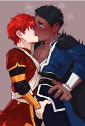 2boys blush dark-skinned_male dark_skin fate_(series) fully_clothed gay ibarakidoujin_(artist) kissing male male/male male_focus male_only penis_grab red_hair s tagme