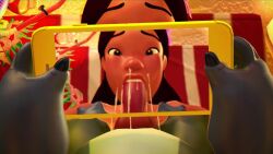 1boy 1girls 1monster 3d alien alien/human animal_genitalia animal_penis animated black_hair blowjob blue_fur canine_penis cum cum_from_nose cum_in_mouth cum_in_nose cum_in_throat cum_splatter cum_through_nose dark-skinned_female dark_skin deepthroat disney face_fucking fellatio female_human/male_alien forced_oral froggy_wobbly froggysfm furry human interspecies knot lilo_and_stitch nani_pelekai no_sound oral red_rocket saliva saliva_string shorter_than_10_seconds stitch sucking teenager video