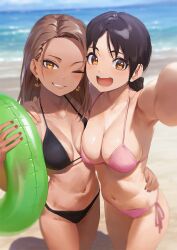 2girls bare_midriff beach belly_button bikini bikini_bottom bikini_top black_bikini black_hair breasts brown_eyes brown_hair cleavage dark-skinned_female dark_skin earrings female female_focus female_only innertube kinta_(distortion) looking_at_viewer medium_breasts midriff navel navel_line necklace one_eye_closed open_mouth original pink_bikini sand short_hair smile tagme tan_skin tanline tanned water waves wink winking