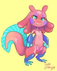 absurd_res amphibian animal_genitalia animal_penis anthro axolotl blue_eyes bodily_fluids claws_out cuntboy cuntboy_sans_balls digital_media_(artwork) diphallia diphallism double_slime erection genital_fluids genitals gills hemipenes herm hermaphrodite hi_res intersex jellybean_(double_slime) male maleherm marine mole_salamander monster multi_genitalia multi_penis nude paws penis pussy salamander_(amphibian) simple_background slime smile solo