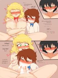 1boy 2girls blonde_hair brown_hair charlie_(mooncancer00) cuckquean erin_(mooncancer00) jordan_(mooncancer00) mooncancer00 multiple_girls oral paizuri sex threesome too_horny