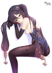1girls ass black_hair breasts breasts_out dated female genshin_impact green_eyes hi_res highleg_leotard leotard light-skinned_female light_skin long_hair looking_at_viewer medium_breasts mona_(genshin_impact) nipples perky_breasts petite petite_body simple_background slim_body slim_waist tights twintails yu-ta
