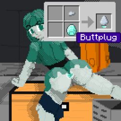 1girls ass blue_hair blush bubble_butt buttplug dithering dress from_behind grey_skin looking_at_viewer minecraft mob_vote pixel_art rascal_(minecraft) small_breasts smirk spandex_shorts suggestive_look