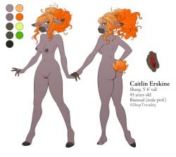 anthro black_nipples bovid caitlin_erskine caprine chromatophore cleft_of_venus dipstick_ears english_text female fingerless_(marking) fur genitals green_eyes grey_body grey_fur hair hooves looking_back mammal model_sheet multicolored_ears navel nipples nude orange_hair pussy sheep solo text