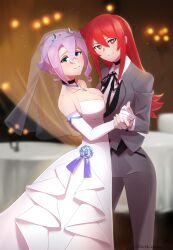 arikindows10 big_breasts blurry_background breasts chariot_du_nord choker croix_meridies green_eyes holding_hands little_witch_academia long_hair looking_at_viewer purple_hair red_eyes red_hair suit tagme ursula_callistis wedding_dress