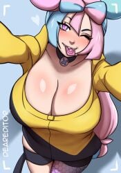 1girls alternate_breast_size big_breasts breasts choker condom condom_in_mouth cyan_hair deareditor female fully_clothed gym_leader huge_breasts human iono_(pokemon) light-skinned_female light_skin long_hair milf milfification multicolored_hair nintendo phone_view pink_eyes pink_hair pokemon pokemon_sv selfie sharp_teeth solo standing tomboy two_tone_hair wink