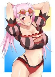 1340smile alternate_costume arms_behind_head bikini blush female female_only fire_emblem fire_emblem:_three_houses fire_emblem_heroes hilda_valentine_goneril hilda_valentine_goneril_(summer) large_breasts looking_at_viewer navel nintendo official_alternate_costume pink_bikini pink_hair pink_swimsuit red_sunglasses smile solo swimsuit twintails