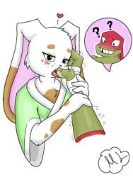 blush bunny bunny_girl eye_contact fingers licking markings oc open_mouth raphael raphael_(tmnt) rise_of_the_teenage_mutant_ninja_turtles shocked sucking teenage_mutant_ninja_turtles this_is_just_so_i_can_block_this