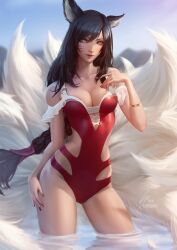 1girls ahri big_breasts cleavage female female_only league_of_legends light-skinned_female light_skin looking_at_viewer raikoart realistic solo swimsuit tail thick_thighs thighs vastaya